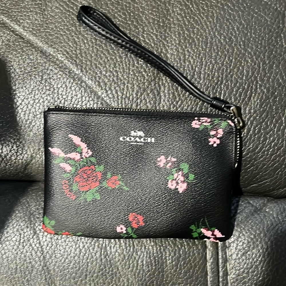 Coach black floral small wristlet